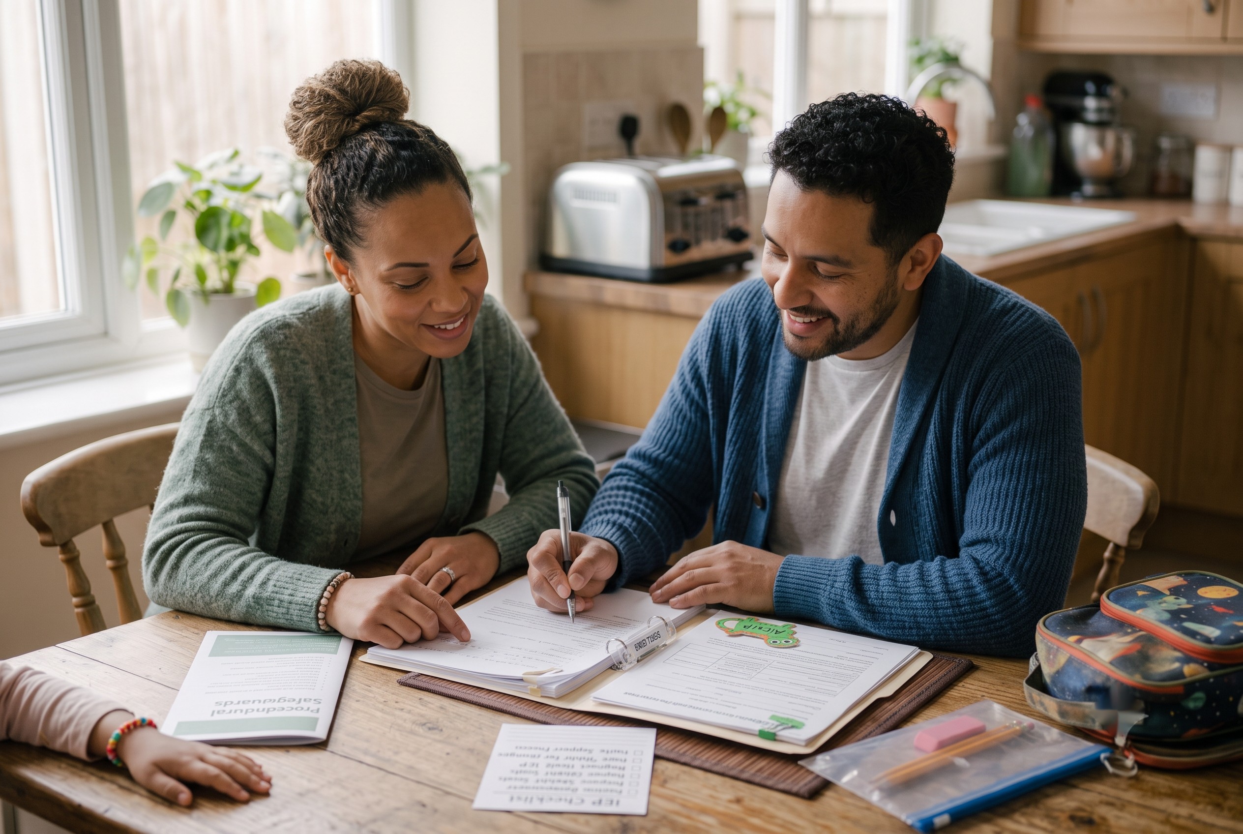 Two parents calmly reviewing their child's IEP paperwork together at a kitchen table