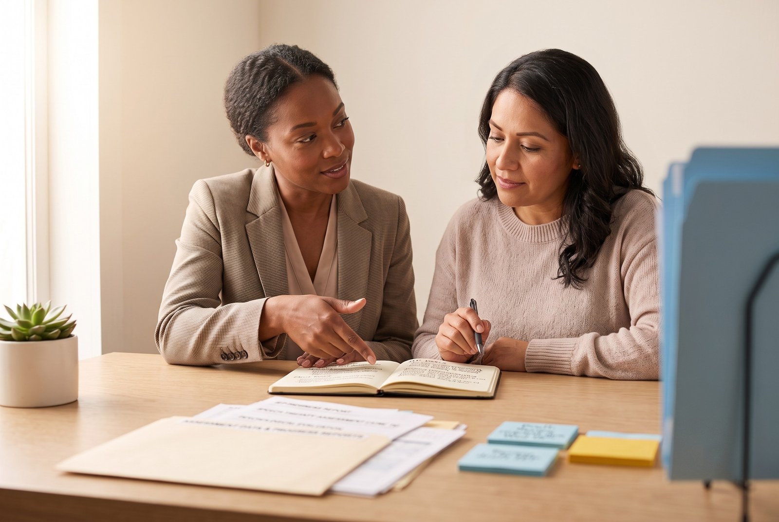 A supportive advocate sitting beside a parent, reviewing notes together